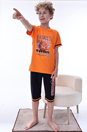 Miniğimin Cicileri (6-11 Yaş) Basketbol Desenli Erkek Çocuk Kapri Takım - Turuncu