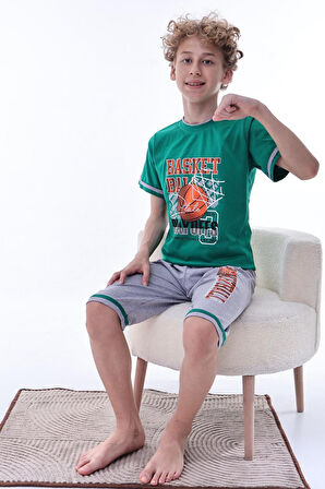 Miniğimin Cicileri (6-11 Yaş) Basketbol Desenli Erkek Çocuk Kapri Takım - Yeşil