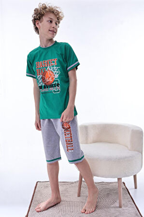 Miniğimin Cicileri (11-14 Yaş) Basketbol Desenli Erkek  Çocuk Kapri Takım - Yeşil