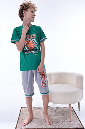 Miniğimin Cicileri (11-14 Yaş) Basketbol Desenli Erkek  Çocuk Kapri Takım - Yeşil