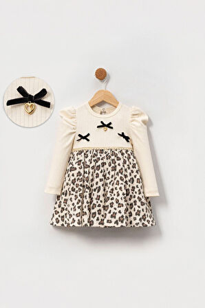 Miniğimin Cicileri Leopar Detaylı Fiyonklu Kız Bebe Elbise - Bej
