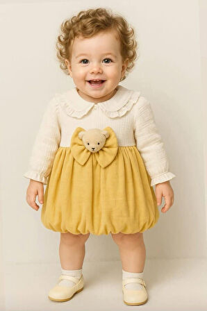 Miniğimin Cicileri Müslin Ayıcık Detaylı Kız Bebe Elbise - Sarı