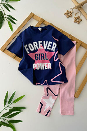 Miniğimin Cicileri Forever Simli Yıldır Baskılı  Kız  Çocuk Taylı Takım - Lacivert