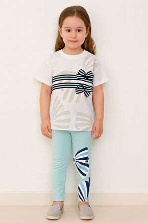 Miniğimin Cicileri Fiyonk Detaylı Taytlı Kız Çocuk 2 li Takım - Turkuaz