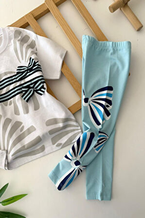 Miniğimin Cicileri Fiyonk Detaylı Taytlı Kız Çocuk 2 li Takım - Turkuaz