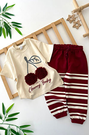 Miniğimin Cicileri Kiraz Desenli Eşofmanlı Kız Çocuk 2 li Takım - Bordo