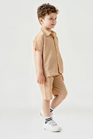 Miniğimin Cicileri Çizgili Gömlek Şortlu Keten Erkek Çocuk 2 li Takım - Açık Kahve