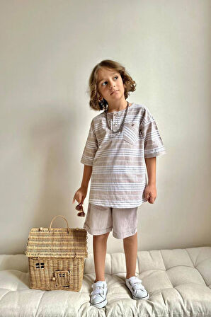 Miniğimin Cicileri Cep Detaylı Tişört Şortlu Keten Erkek Çocuk 2 li Takım - Açık Kahve