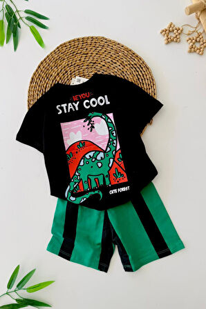 Miniğimin Cicileri Stay Cool Dinazor Baskılı Erkek Çocuk Şortlu Takım - Yeşil