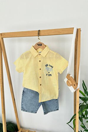 Miniğimin Cicileri Of Game  Cep Baskılı Kot Şortlu  Erkek Çocuk Takım - Sarı