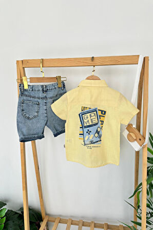 Miniğimin Cicileri Of Game  Cep Baskılı Kot Şortlu  Erkek Çocuk Takım - Sarı