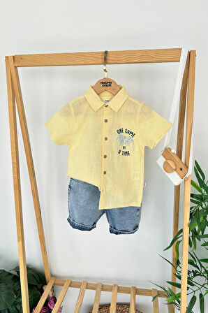 Miniğimin Cicileri Of Game  Cep Baskılı Kot Şortlu  Erkek Çocuk Takım - Sarı