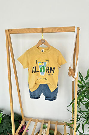Miniğimin Cicileri Alarma Baskılı Penye Kot Şortlu Erkek Çocuk Takım - Sarı