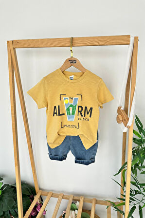 Miniğimin Cicileri Alarma Baskılı Penye Kot Şortlu Erkek Çocuk Takım - Sarı