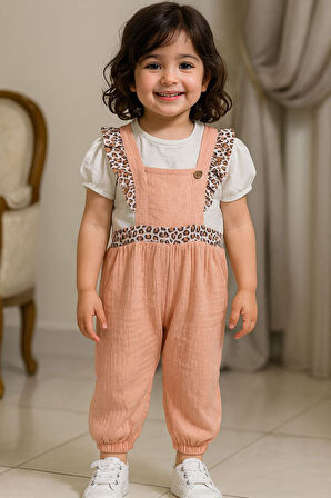 Miniğimin Cicileri Leopar Detaylı Çilek Düğmeli Kız Bebe Müslin Takım - Somon