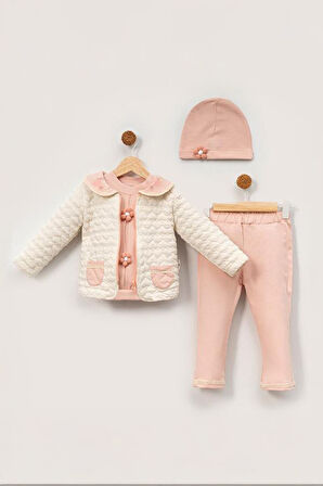 Minigimin Cicileri Yaka Nakış Papatya Motif Desen 4 lü Kız Bebek Takım - Somon