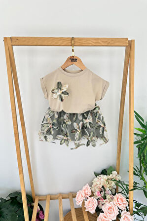 Miniğimin Cicileri Zambak Detaylı Tek Çiçekli Tül Etekli Kız Çocuk Takım - Yeşil