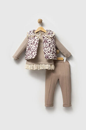 Miniğimin Cicileri Leopar Şişme Yelekli Güpür Detaylı Kız Bebe 3 lü Takım - Kahve Köpüğü