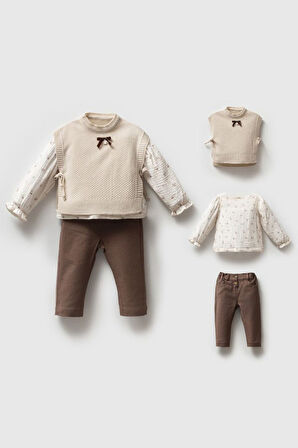 Miniğimin Cicileri Triko Yelek Detaylı 3 lü Kız Bebe Takım - Kahve