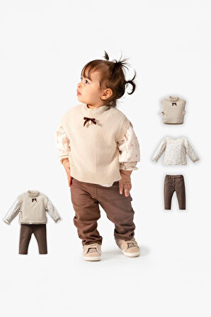 Miniğimin Cicileri Triko Yelek Detaylı 3 lü Kız Bebe Takım - Kahve