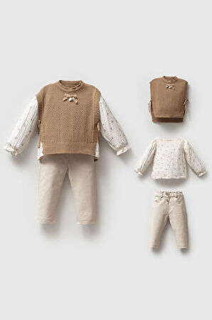 Miniğimin Cicileri Triko Yelek Detaylı 3 lü Kız Bebe Takım - Krem