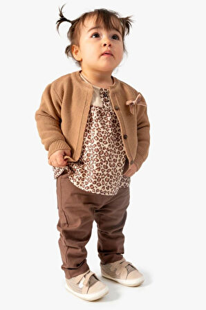 Miniğimin Cicileri Triko Hırkalı Leopar Kız Çocuk 3 lü Takım - Kahverengi