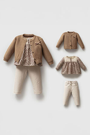 Miniğimin Cicileri Triko Hırkalı Leopar Kız Çocuk 3 lü Takım - Krem