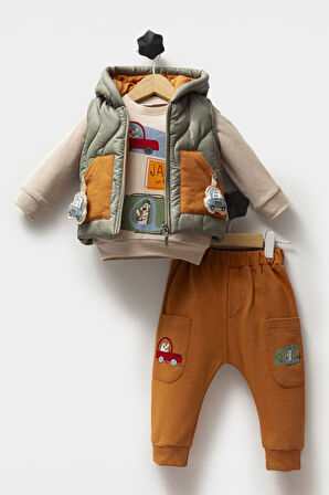 Miniğimin Cicileri Araba Detaylı Şişme Yelekli Erkek Bebe 3 lü Takım - Haki