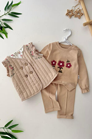 Miniğimin Cicileri (6-18 ay) Çiçek İşleme Yelekli Kız Bebe 3 lü Takım - Vizon