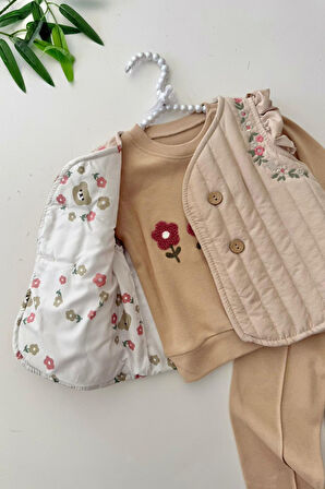 Miniğimin Cicileri (6-18 ay) Çiçek İşleme Yelekli Kız Bebe 3 lü Takım - Vizon
