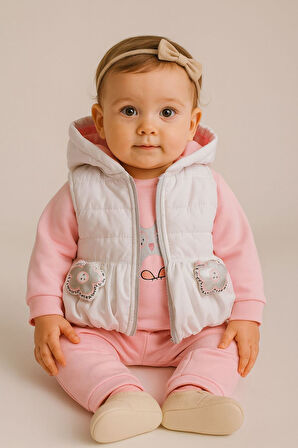 Miniğimin Cicileri Papatya 3d Detaylı Şişme Yelekli 3 lü Kız Bebe Takım - Pembe