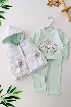 Miniğimin Cicileri Papatya 3d Detaylı Şişme Yelekli 3 lü Kız Bebe Takım - Su Yeşili