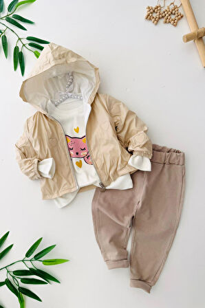 Miniğimin Cicileri Kalp Baskı Yağmurluklu Kız Bebe 3 Lü Takım - Bej