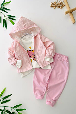 Miniğimin Cicileri Kalp Baskı Yağmurluklu Kız Bebe 3 Lü Takım - Pembe