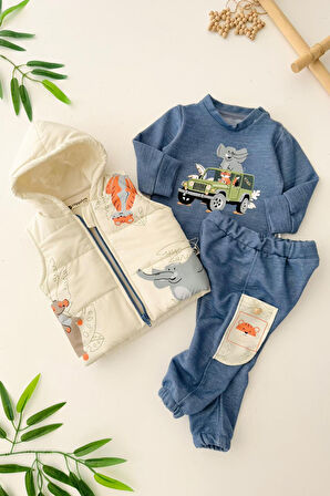 Miniğimin Cicileri Fil Baskılı Erkek Bebe Şişme Yelekli 3 lü Takım - Mavi