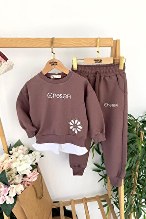 Miniğimin Cicileri Chosen Çiçek İşlemeli Gömlek Detaylı  Kız Çocuk 2 li Takım - Kahverengi