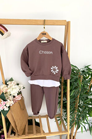 Miniğimin Cicileri Chosen Çiçek İşlemeli Gömlek Detaylı  Kız Çocuk 2 li Takım - Kahverengi