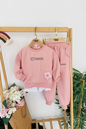 Miniğimin Cicileri Chosen Çiçek İşlemeli Gömlek Detaylı  Kız Çocuk 2 li Takım - Pembe