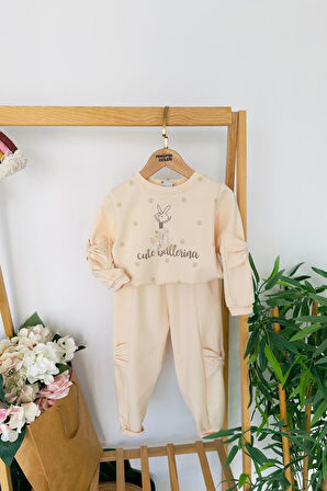Miniğimin Cicileri Cute Balerina Desenki Fiyonk Detaylı Kız Çocuk 2 li Takım - Krem