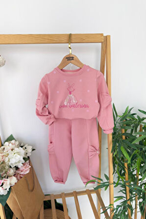 Miniğimin Cicileri Cute Balerina Desenki Fiyonk Detaylı Kız Çocuk 2 li Takım - Gül Kurusu