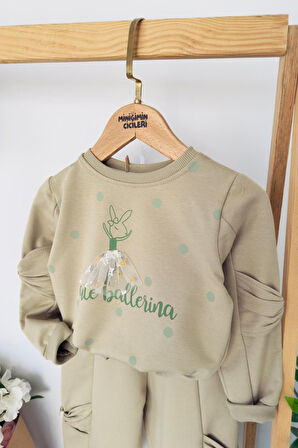 Miniğimin Cicileri Cute Balerina Desenki Fiyonk Detaylı Kız Çocuk 2 li Takım - Yeşil
