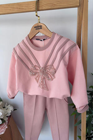 Miniğimin Cicileri Taşlı Fiyonk Detaylı Kız Çocuk 2’li Takım - Gül Kurusu