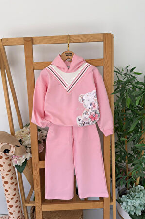 Miniğimin Cicileri Ayıcık Baskılı Kapüşonlu Kız Çocuk Takım - Pembe
