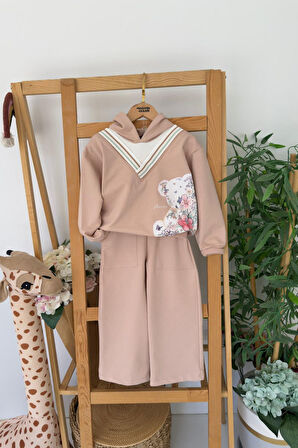 Miniğimin Cicileri Ayıcık Baskılı Kapüşonlu Kız Çocuk Takım - Vizon