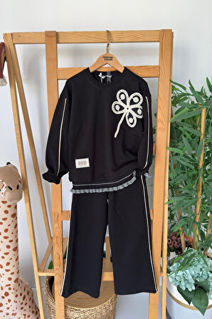 Miniğimin Cicileri Çiçek Nakış İşleme Detaylı Triko Ribanalı Kız Çocuk 2 li Takım - Siyah