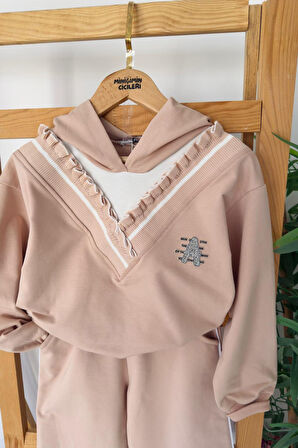 Miniğimin Cicileri Kapüşonlu Triko Yaka Detaylı A Taş işleme Kız Çocuk Takım - Bej