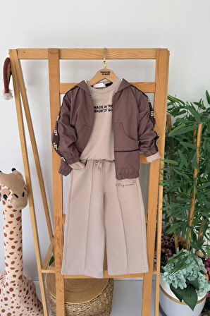 Miniğimin Cicileri Kapüşonlu Kol Taş İşleme Detaylı Kız Çocuk 3 Lü Eşofman Takım - Kahve