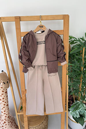 Miniğimin Cicileri Kapüşonlu Kol Taş İşleme Detaylı Kız Çocuk 3 Lü Eşofman Takım - Kahve