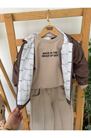 Miniğimin Cicileri Kapüşonlu Kol Taş İşleme Detaylı Kız Çocuk 3 Lü Eşofman Takım - Kahve