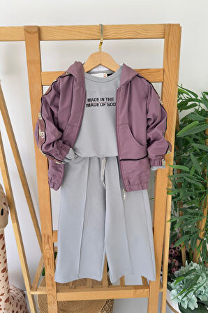 Miniğimin Cicileri Kapüşonlu Kol Taş İşleme Detaylı Kız Çocuk 3 Lü Eşofman Takım - Mor